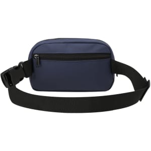 A navy blue Kaply waistbag with a black adjustable strap and a zippered front pocket. It features a logo.