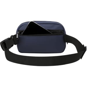 A navy Kaply Waistbag with a black adjustable strap and a zippered pocket featuring a smartphone inside.