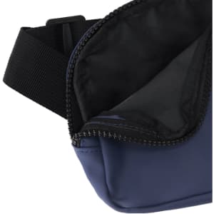 A dark navy blue waist bag with a zippered opening and a black interior lining. Features an adjustable strap.