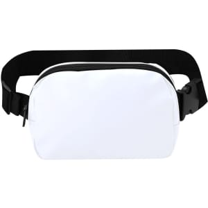 A white bum bag with a black adjustable strap and zipper closure, featuring a logo on the front.