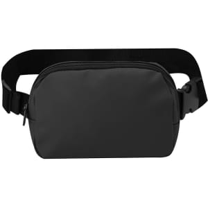 A black waist bag with a sleek design, featuring a single zippered compartment and an adjustable strap.