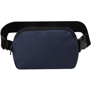 A navy Kaply waistbag with a black strap and a zippered compartment, featuring branding.
