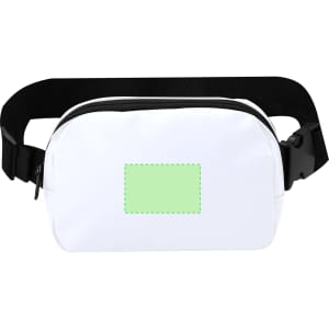 A white waist bag with a black strap and a blank green rectangular area for customisation.