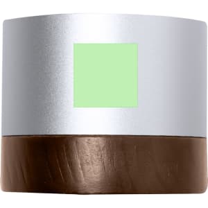 A cylindrical speaker with a silver upper section and a brown lower section, featuring a logo on the side.