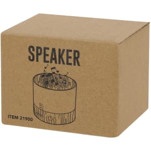 A brown cardboard box featuring a simple illustration of a speaker with musical notes and a logo.
