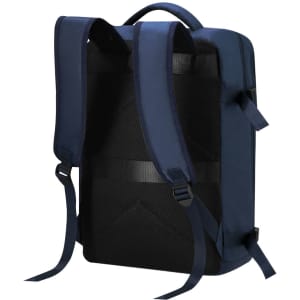 A navy blue backpack featuring padded straps and a textured back panel for comfort. It includes a logo on the front.