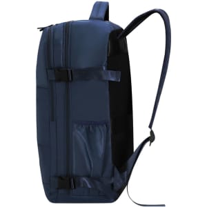 A navy blue Hinkle Backpack with adjustable straps and multiple compartments. It features a sleek design and a logo.