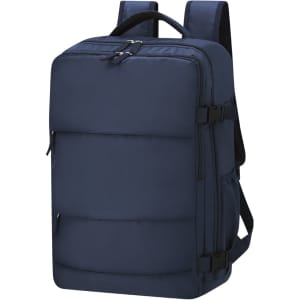 A navy blue backpack with multiple compartments, adjustable straps, and a logo.