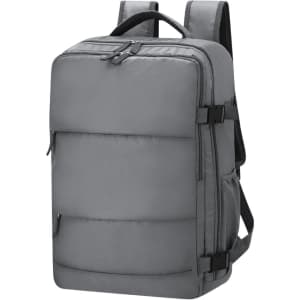 A grey Hinkle backpack with multiple compartments and adjustable straps, featuring a logo.