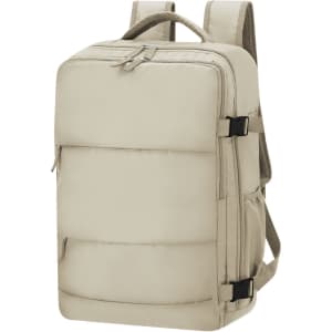 A beige backpack with padded sections, adjustable straps, and a logo. Suitable for carrying various items.