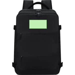 A black backpack featuring a front pocket and shoulder straps. It has a logo on the front.