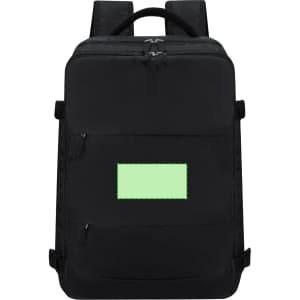 A black backpack featuring a front pocket and a logo, with adjustable straps and multiple compartments.
