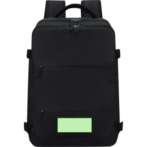 A black backpack with multiple zippered compartments, featuring a green patch and adjustable straps.