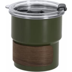 A drink bottle in olive green with a wooden textured band and a clear lid featuring a leak-proof opening mechanism.