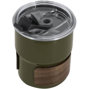 A travel mug in olive green with a brown wooden base and a transparent lid featuring a drinking spout.