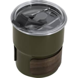 A travel mug in olive green with a wooden base and a clear lid. It features a logo on the side.
