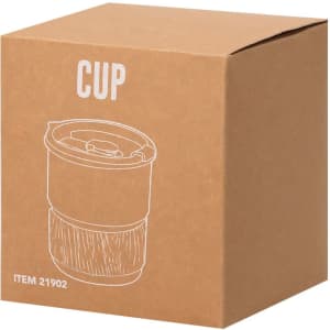 A drink bottle in a cardboard box, featuring a simple design and a logo, showcasing a travel mug style.
