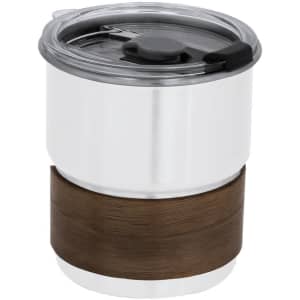 A travel mug with a stainless steel body and a brown wooden sleeve, featuring a clear lid.