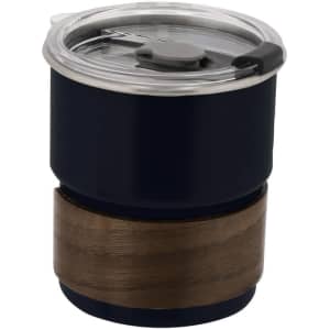 A drink bottle in navy blue with a wooden base and a transparent lid. It features a logo on the side.