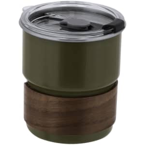 A drink bottle with an olive green body, wooden base, and a clear lid featuring a black sipping mechanism.