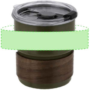 A travel mug in olive green with a wooden base and a clear lid, featuring a brand logo.