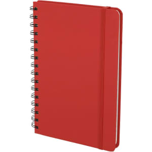 A red spiral-bound notebook with an elastic band and a subtle branding logo on the cover.