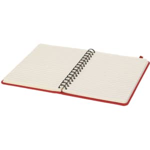 A red spiral-bound notebook with lined pages, open to display the inner pages. The cover has a branding logo.