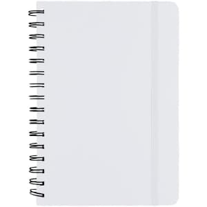 A white spiral notebook with a solid-coloured cover and an elastic band. It features a branding logo.