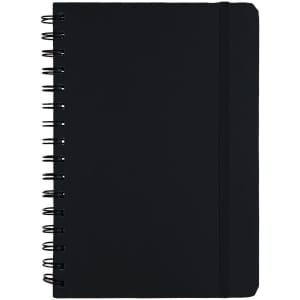 A black spiral-bound notebook with a smooth cover and an elastic band. Features a logo on the front.