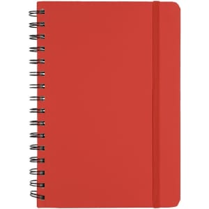 A red spiral-bound notebook with a smooth cover and an elastic band, featuring a simple design and black binding.