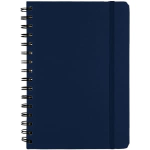 A navy blue spiral-bound notebook with an elastic band closure and a textured cover. It includes a branding logo.