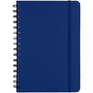 A blue spiral-bound notebook with an elastic band and a plain cover. It features a branding logo on the front.