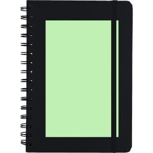 A spiral-bound notebook with a black cover and a mint green interior. It includes an elastic band and a branding logo.