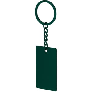 A green keyring with a rectangular tag attached by a chain link. Features a circular keyring for attachment.