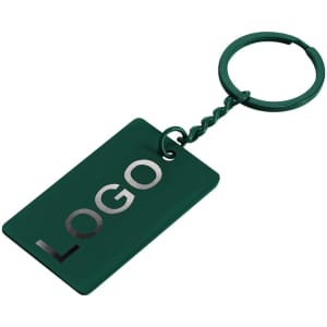 A green keyring with a rectangular tag and a metal ring. It features a logo on the tag.