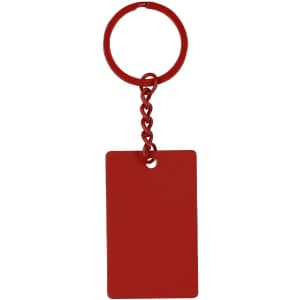 A red keyring featuring a rectangular tag and a chain link attachment. It has a simple design with a solid colour.