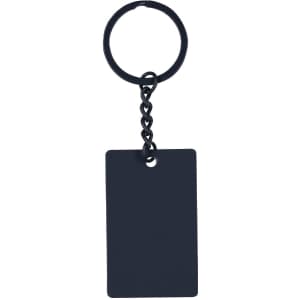 A black keyring with a rectangular tag attached by a chain link. The tag has a hole for attachment.