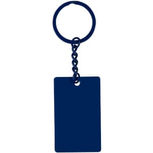A navy blue keyring with a rectangular tag and a braided chain connector. It features a circular attachment loop.