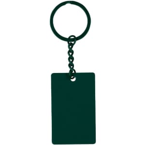 A dark green keyring featuring a rectangular tag and a linked chain attachment.