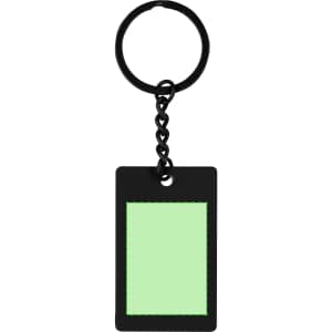 A black keyring with a rectangular mint green tag attached by a chain. The tag has a textured edge and no visible text.