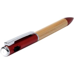 A bamboo and red pen torch featuring a chrome clip and light at the end. Includes a logo on the barrel.