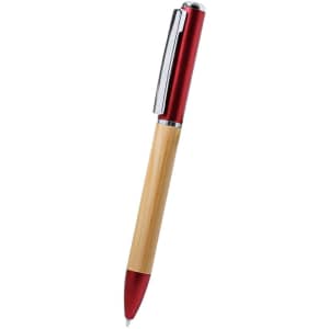 A red and bamboo pen with a metallic clip and tip, featuring a logo on the side.