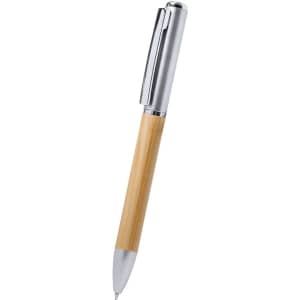 A pen torch featuring a bamboo barrel and a silver clip with a sleek design. It has a branding logo.