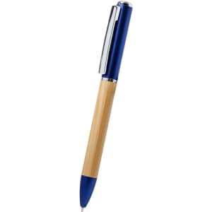 A blue and beige pen torch with a sleek design and a clip for easy attachment, featuring a branding logo.