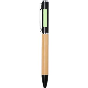 A pen torch featuring a black top, bamboo barrel, and a green accent section. It includes a clip and a logo.