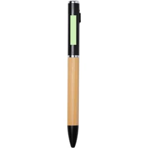 A pen torch featuring a bamboo body, black accents, and a green detail. It includes a clip for convenience.