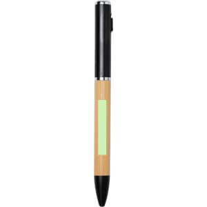 A black and bamboo pen torch with a clip and a light feature. It includes a branding logo.