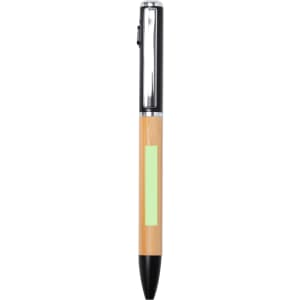 A bamboo and black pen torch with a silver clip and an attached logo, featuring a matte green accent.