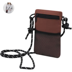 A brown and black multipurpose bag with a patterned lower section and a thin strap, featuring a zippered pocket.