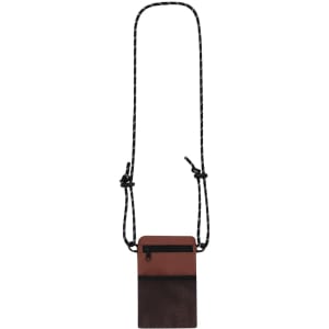 A reddish-brown multipurpose bag with a black mesh pocket and adjustable rope strap. Features a logo on the front.